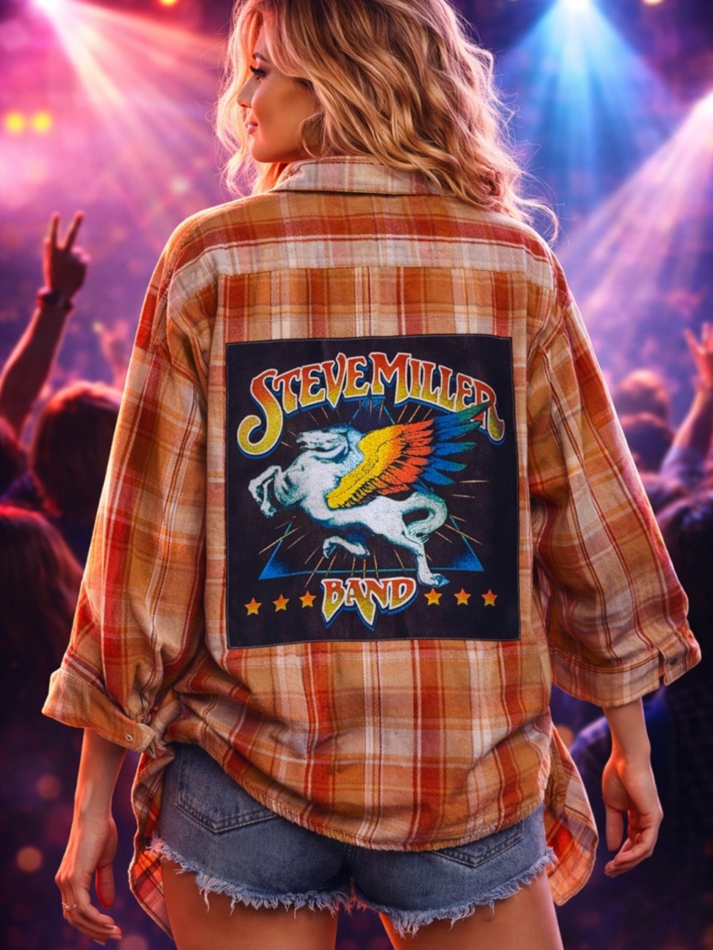 Custom Upcycled Steve Miller Band Graphic Tee On Flannel Shirt Size L OOAK